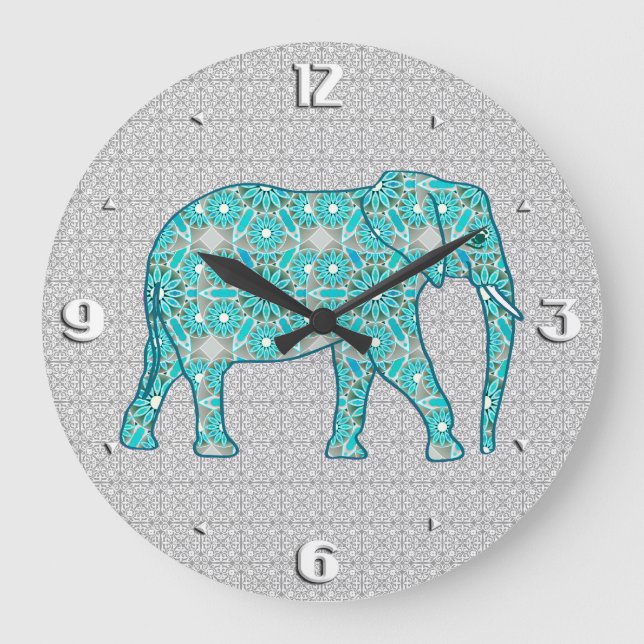 Mandala Blume Elefant - Türkis, Grau und Weiß Große Wanduhr (Vorderseite)