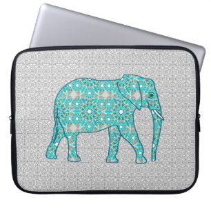 Mandala Blume Elefant - Türkis, Grau und Weiß Laptopschutzhülle