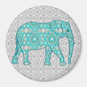 Mandala Blume Elefant - Türkis, Grau und Weiß Magnet