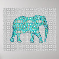 Mandala Blume Elefant - Türkis, Grau und Weiß