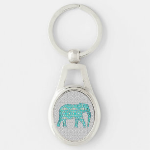 Mandala Blume Elefant - Türkis, Grau und Weiß Schlüsselanhänger