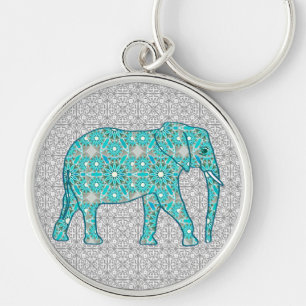 Mandala Blume Elefant - Türkis, Grau und Weiß Schlüsselanhänger