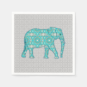 Mandala Blume Elefant - Türkis, Grau und Weiß Serviette