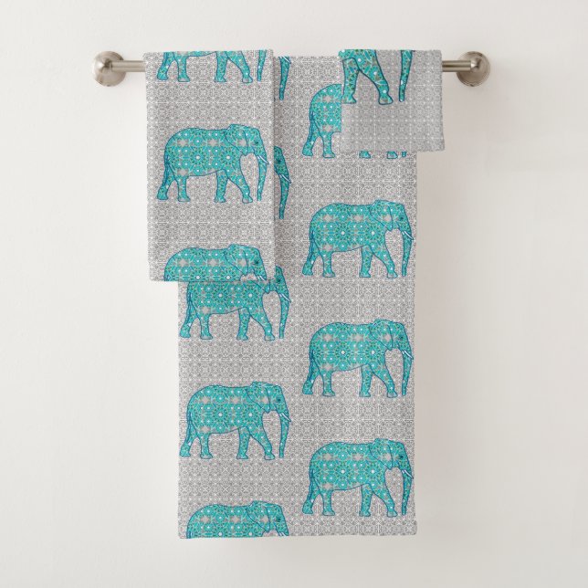 Mandala Blume Elefant, Türkis, Grau & Weiß Badhandtuch Set (Insitu)