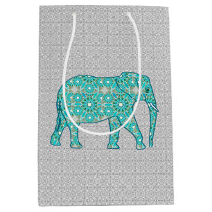 Mandala Blume Elefant, Türkis, Grau & Weiß Mittlere Geschenktüte