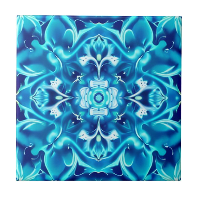 Mandala-Blume in den Farbtönen von Indigoblau Fliese (Vorderseite)