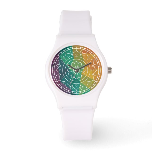 Mandala Blume India Regenbogen Boho Chic Design Armbanduhr (Vorderseite)
