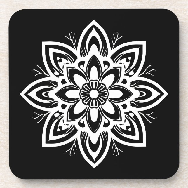 Mandala Blume Pattern in Schwarzweiß Getränkeuntersetzer (Vorderseite)