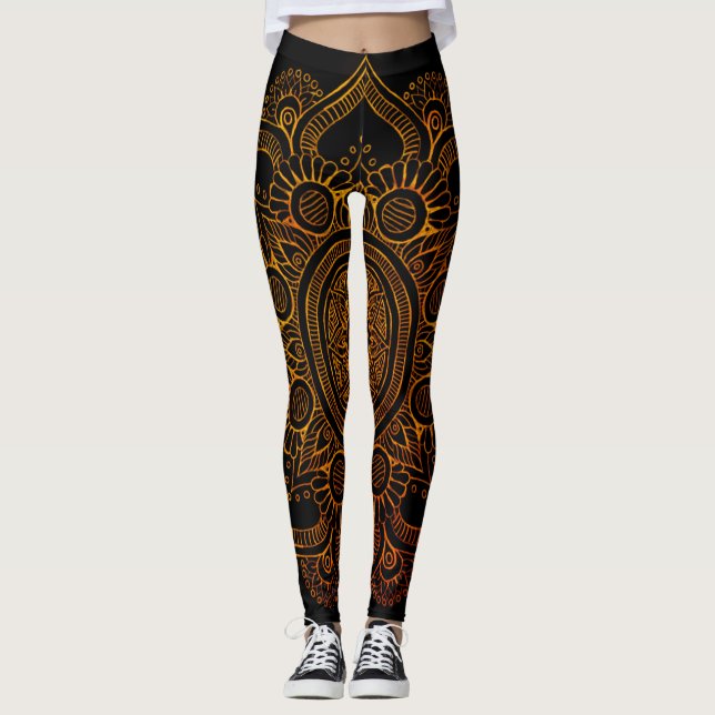 Mandala-Blume - Schwarzes und Gold Leggings (Vorderseite)