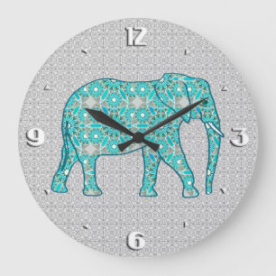 Mandala-Blumenelefant - Türkis, Grau u. Weiß Große Wanduhr
