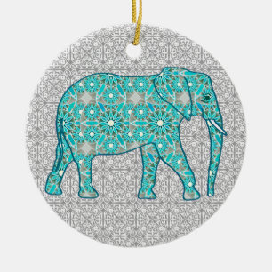 Mandala-Blumenelefant - Türkis, Grau u. Weiß Keramikornament
