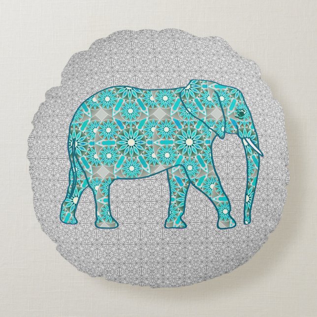 Mandala-Blumenelefant - Türkis, Grau u. Weiß Rundes Kissen (Vorderseite)