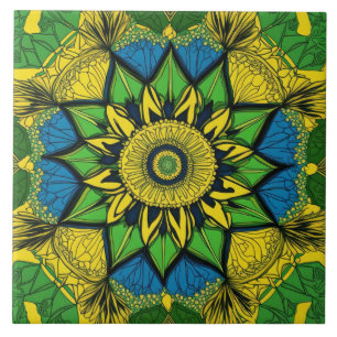 Mandala Bohemisch Gelb, Grün, Blau Fliese