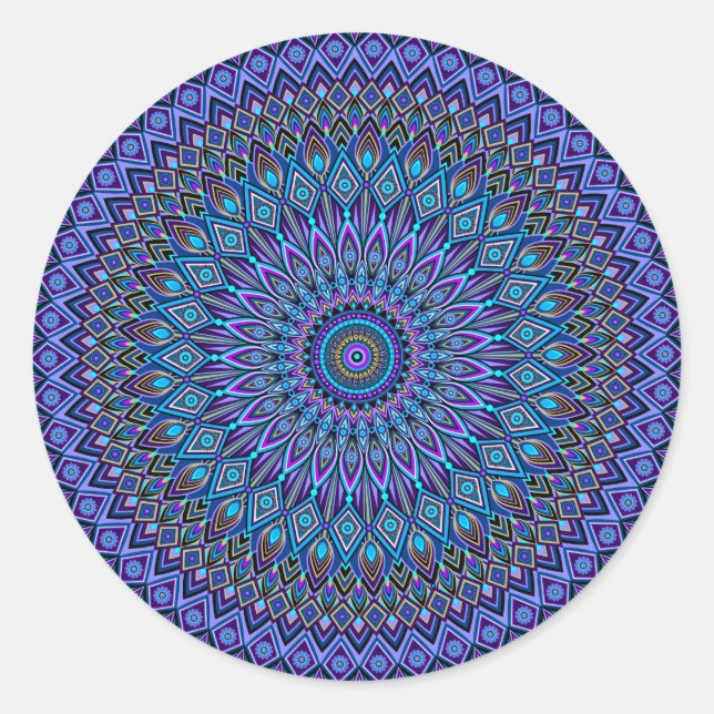 Mandala Boho Blue Aquamarin Lila Peacock Gold Blac Runder Aufkleber (Vorderseite)