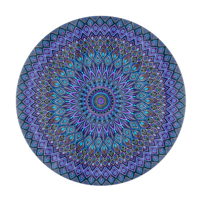 Mandala Boho Blue Aquamarin Lila Peacock Gold Magi Schneidebrett (Vorderseite)