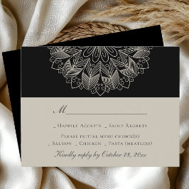 Mandala Boho Indian Elegant Black Wedding RSVP Karte