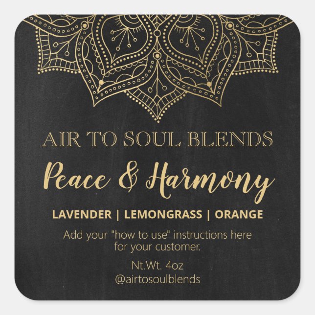 Mandala Chalkboard Black and Gold Blend Labels Quadratischer Aufkleber (Vorderseite)