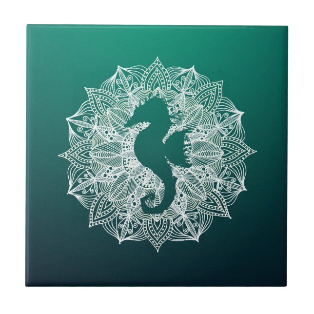 Mandala Circle Turquoise Seepferd Fliese (Vorderseite)