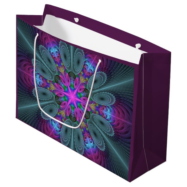 Mandala Colorful Strickendes Fraktal Kunst Kaleido Große Geschenktüte (Vorderseite Schrägansicht)