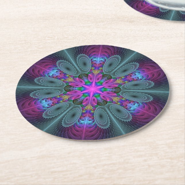 Mandala Colorful Strickendes Fraktal Kunst Kaleido Runder Pappuntersetzer (Angewinkelt)
