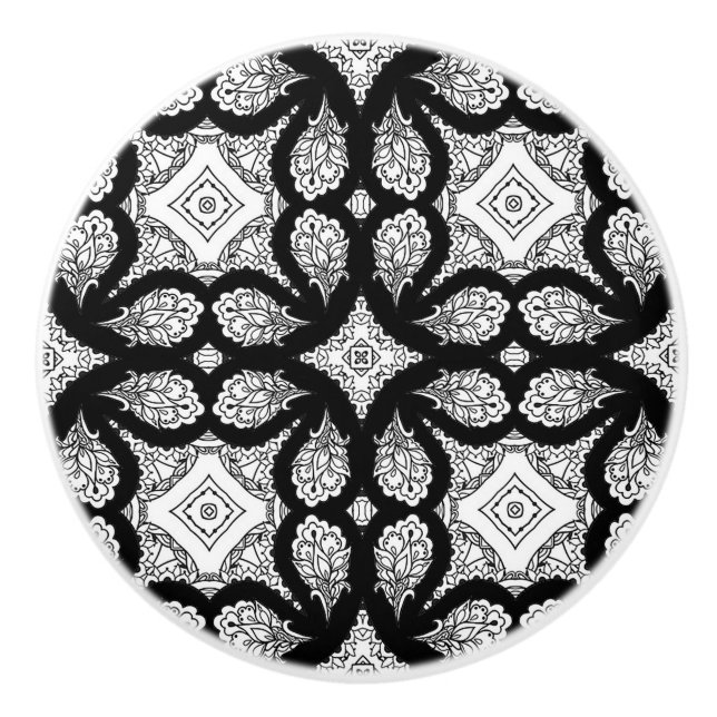 Mandala-Dekorative Schwarz-Weiß Keramikknauf (Vorderseite)