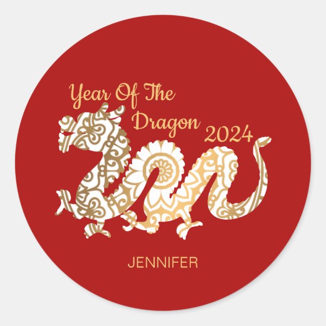Mandala Dragon 2024 Chinesischer Neujahrsroter Runder Aufkleber (Vorderseite)