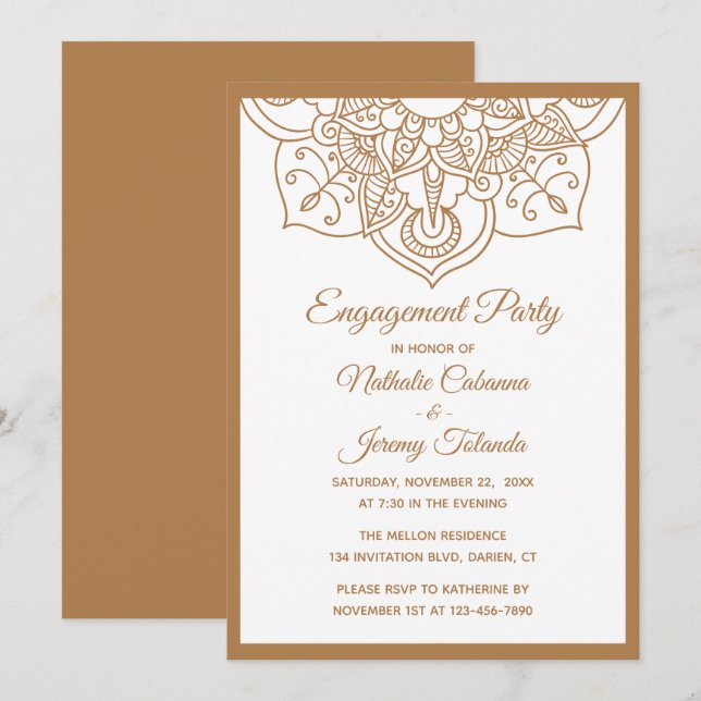 Mandala Engagement Party Brown Boho Indian Modern Einladung (Vorne/Hinten)