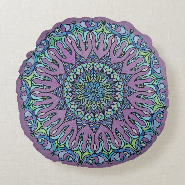 Mandala Floor Pillow Cushion - Teardrop Lavender Rundes Kissen (Vorderseite)