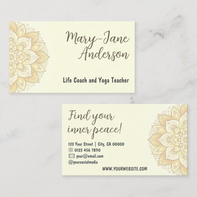 Mandala Floral Design Yoga Studio Ivory Pastel Visitenkarte (Vorne/Hinten)