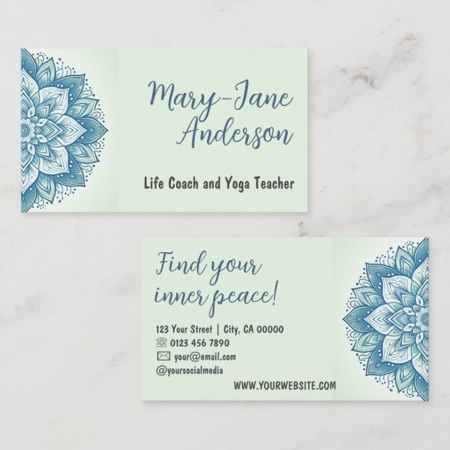 Mandala Floral Design Yoga Studio Pastel Mint Aqua Visitenkarte (Vorne/Hinten)