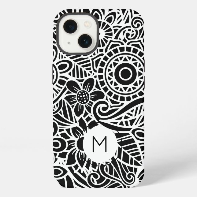 Mandala Floral Modern Monogram INITIAL Schwarz-wei iPhone Hülle (Rückseite)