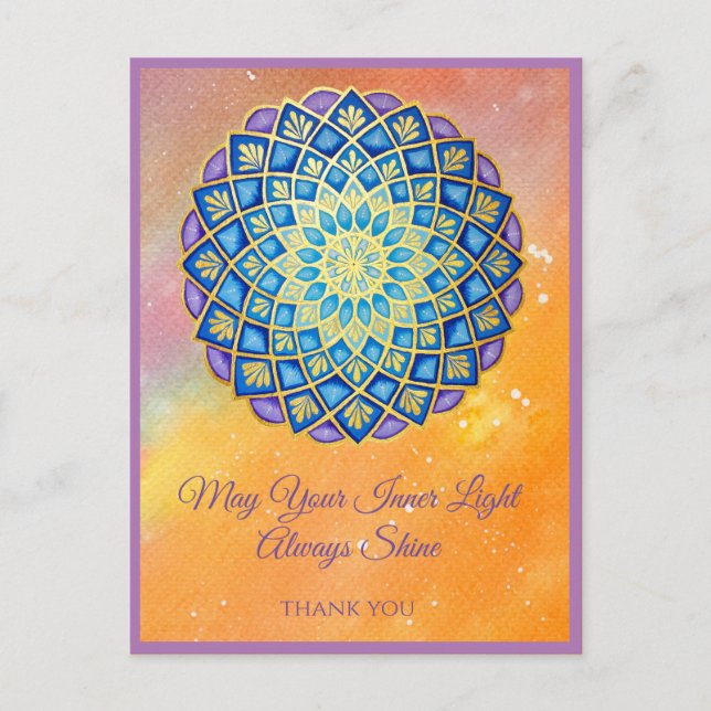 Mandala Gold Blue Lila Blumenschrift Postkarte (Vorderseite)
