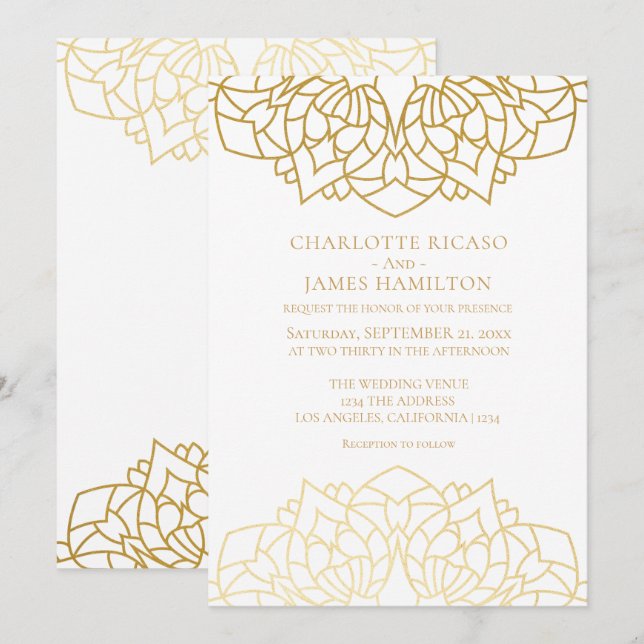 Mandala Gold White Pattern Personalisierte Hochzei Einladung (Vorne/Hinten)