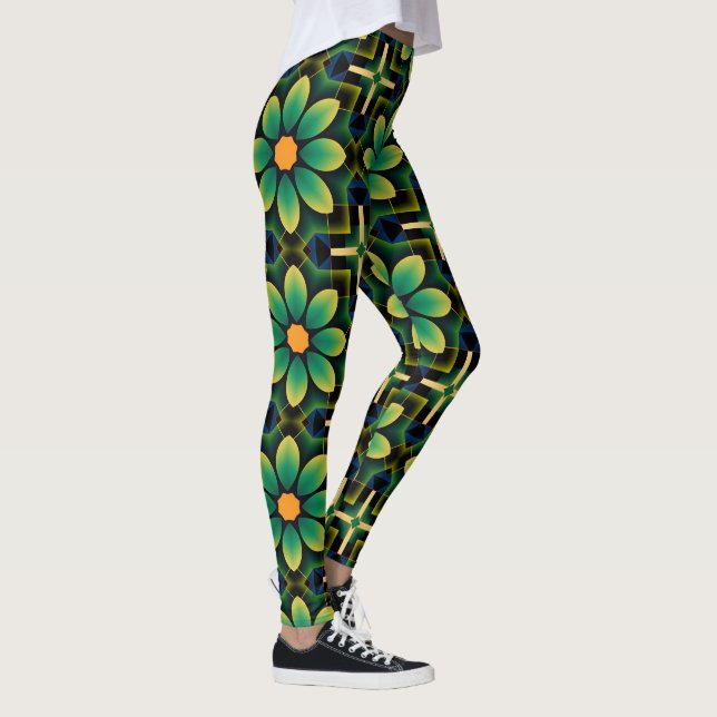 Mandala Green und Yellow Floral Geometric Pattern Leggings (Rechts)