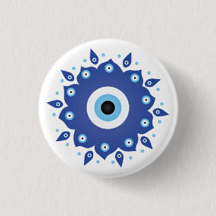 Mandala Griechisch Evil Eye Blue White Button