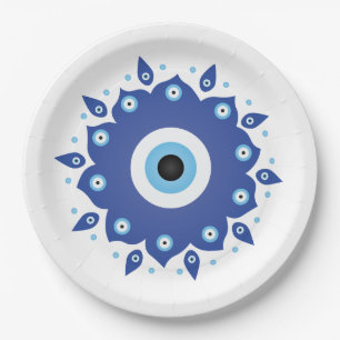 Mandala Griechisch Evil Eye Blue White Pappteller