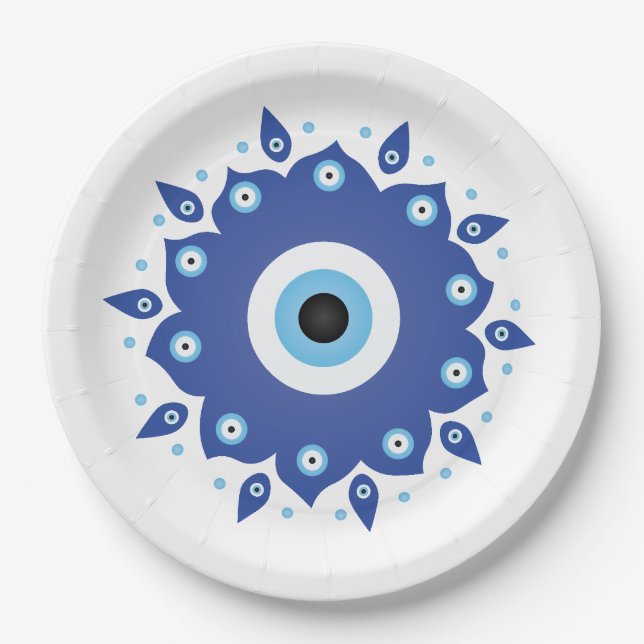 Mandala Griechisch Evil Eye Blue White Pappteller (Vorderseite)