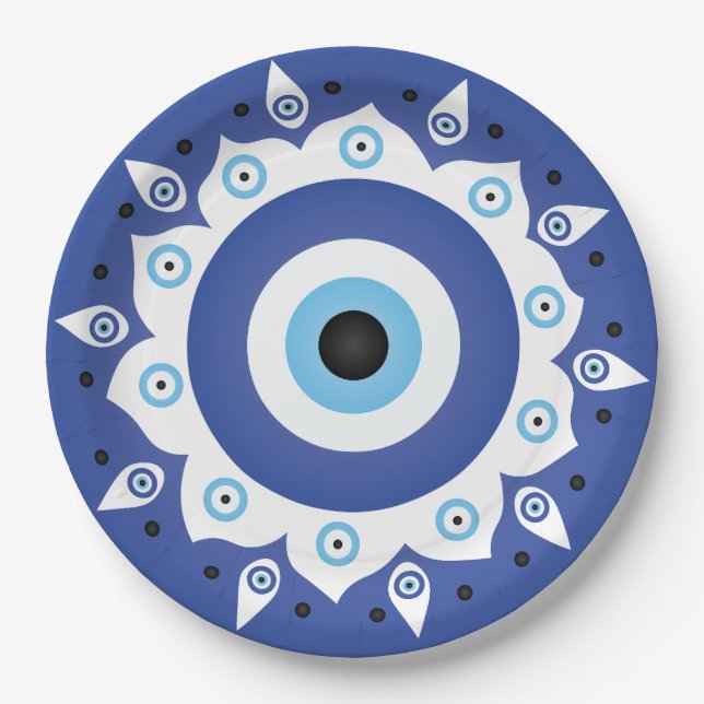 Mandala Griechisch Evil Eye Blue White Pappteller (Vorderseite)