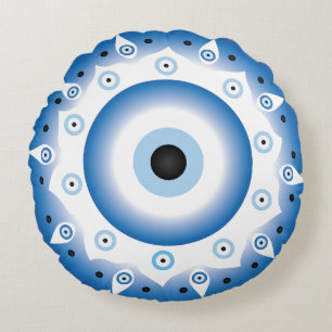 Mandala Griechisch Evil Eye Blue White Rundes Kissen