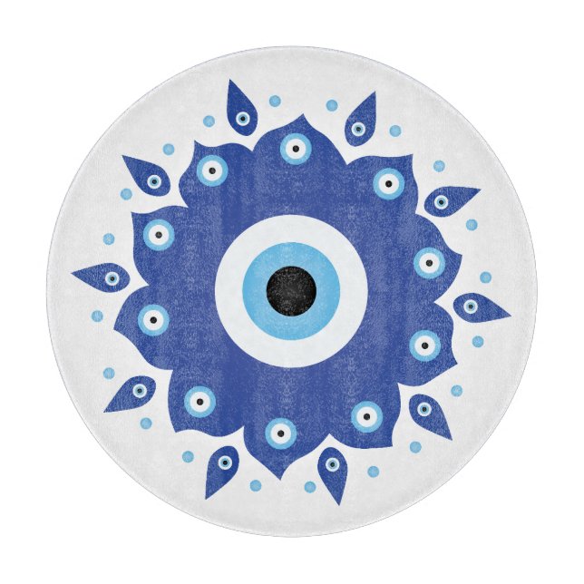 Mandala Griechisch Evil Eye Blue White Schneidebrett (Vorderseite)