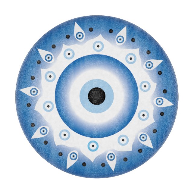 Mandala Griechisch Evil Eye Blue White Schneidebrett (Vorderseite)