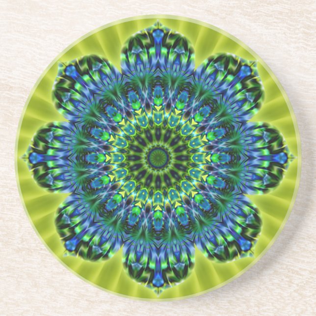 Mandala grün blau | hellgrüne Blume Sandstein Untersetzer (Vorne)