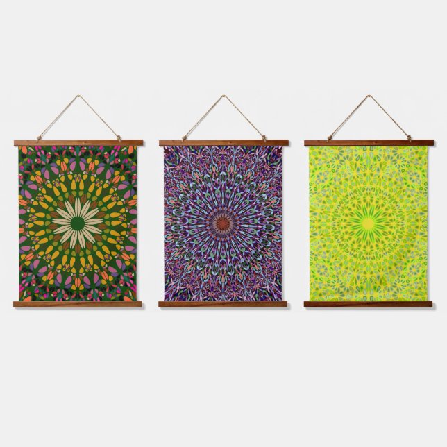 Mandala Harmony Wall Tapestry Wood-Topped Vertical Wandteppich Mit Holzrahmen (Dreifach)