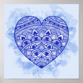 Mandala Heart Blue Watercolor Print Poster