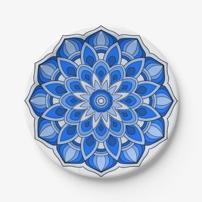 Mandala in blauer Papierplatte Pappteller (Vorderseite)