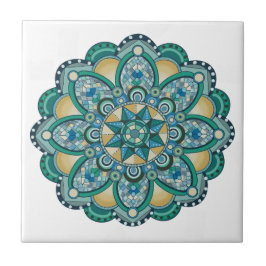 Mandala in Blues, Grüntöne und Gold Fliese