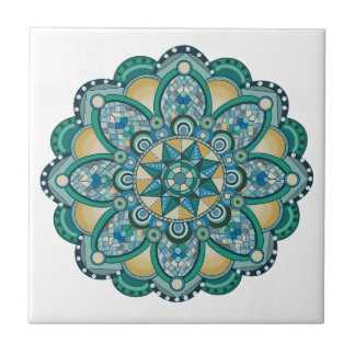 Mandala in Blues, Grüntöne und Gold Fliese