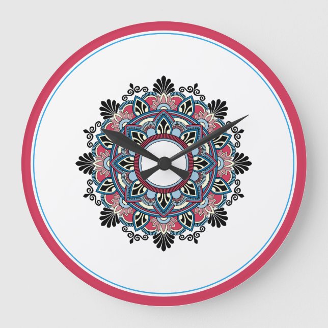 Mandala in Rosa & Blau Große Wanduhr (Vorderseite)