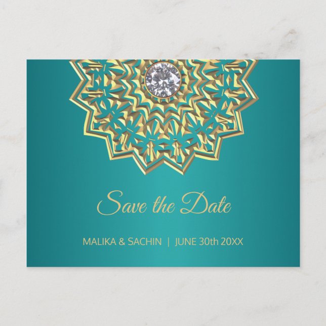 Mandala Indian Aquamarin Blue Wedding SPAREN DAS D Ankündigungspostkarte (Vorderseite)