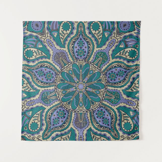 Mandala indien de tapisserie d'or pourpre vert (Devant)